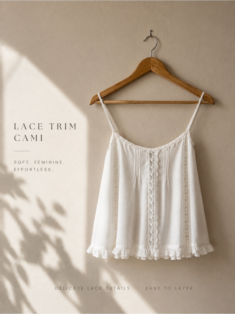 White Lace Trim Boho Camisole Top Ruffle Hem Size M- Free People inspired